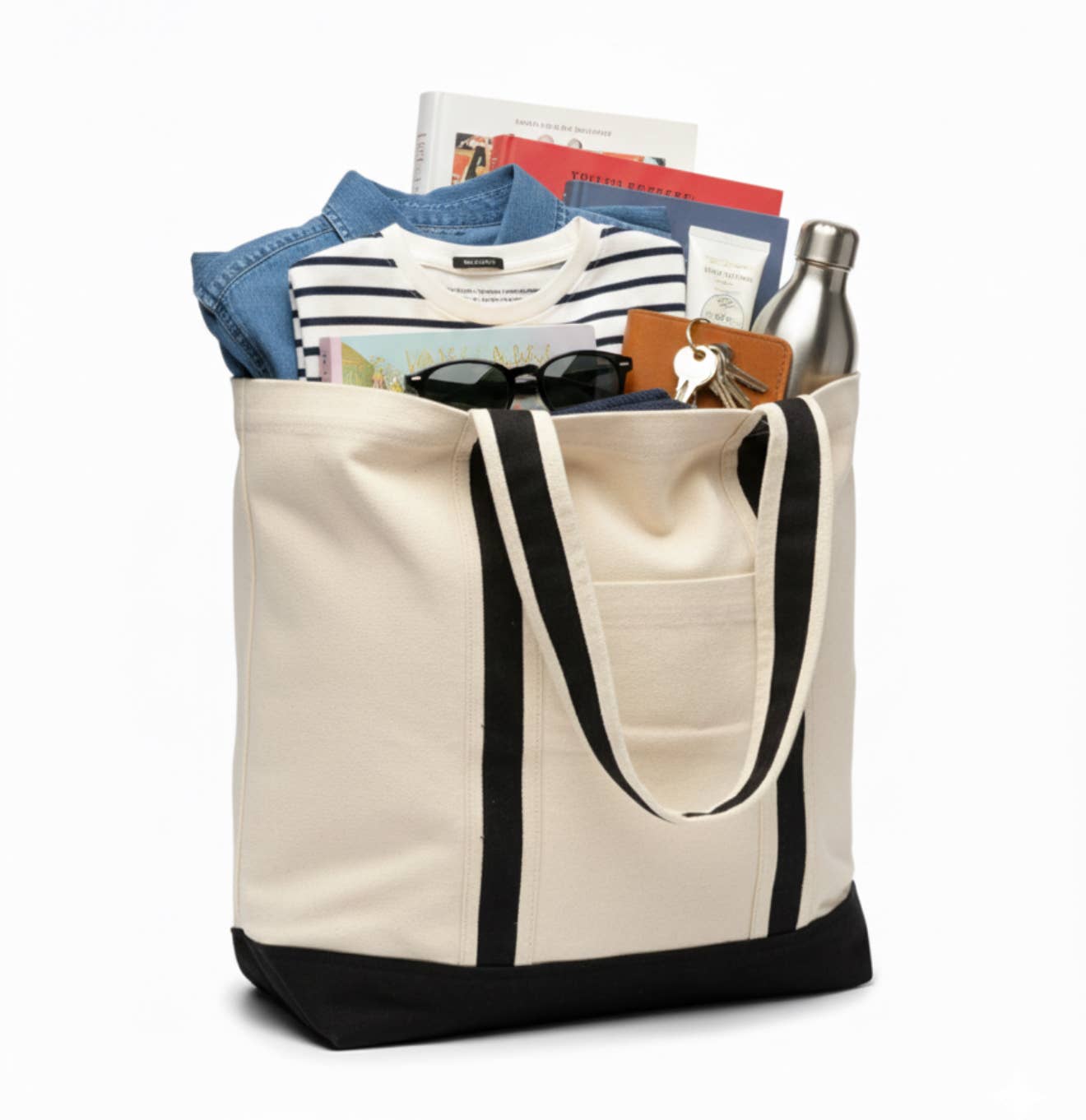 Large Canvas Tote with Pocket – Blue Accents